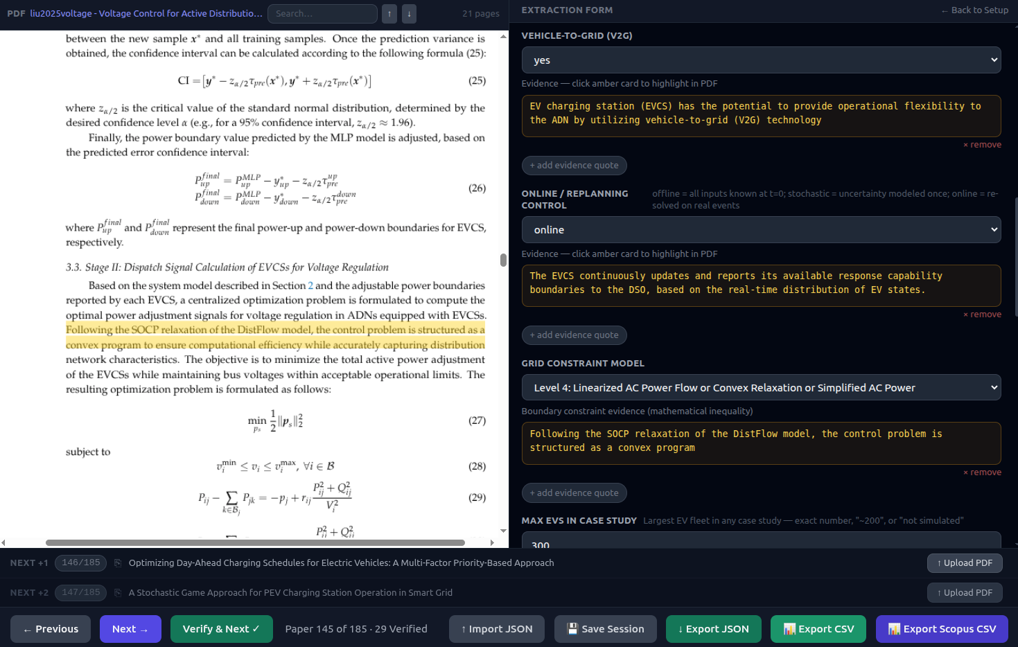 The extraction assistant: extraction form with evidence quotes (right) next to the source PDF (left)
